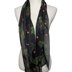 Vintage Black Echo Scarf Evergreen Berries Silk Made in Japan Holiday Winter